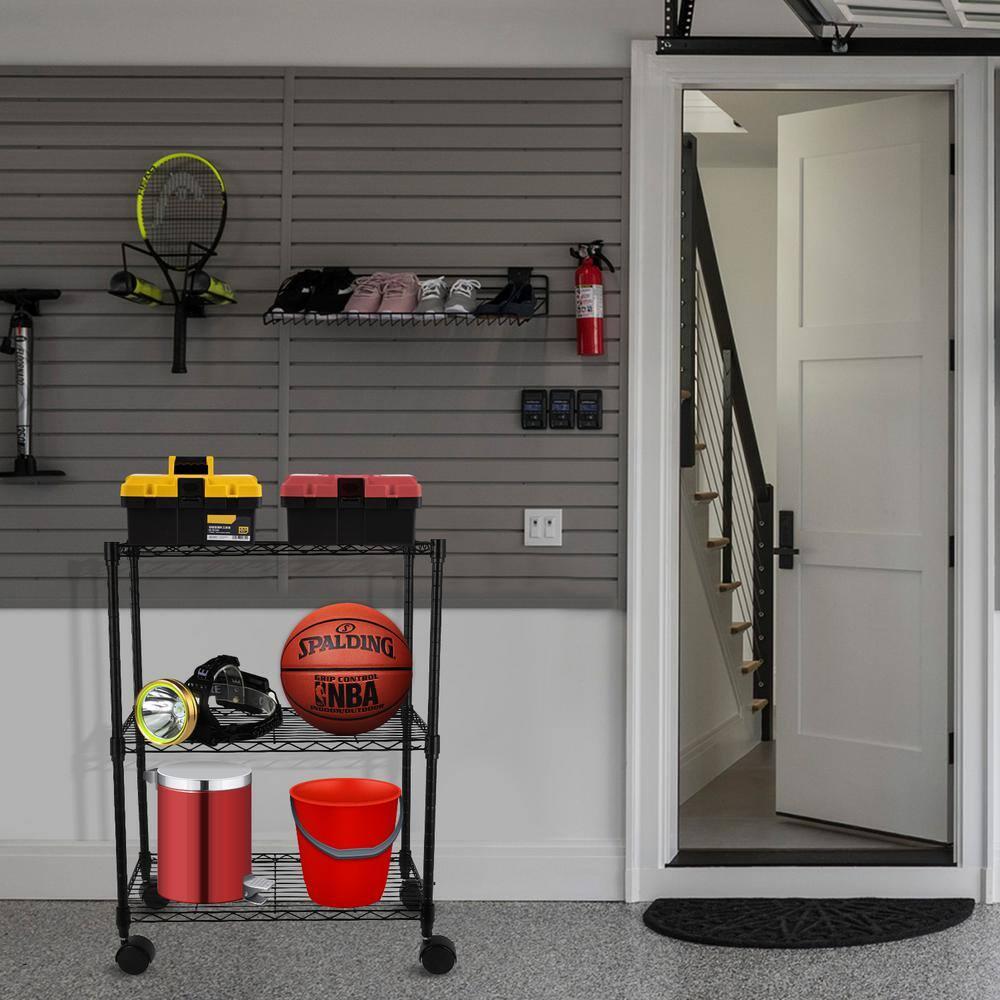 Black Adjustable 3-Tier Metal Wire Shelving Unit with Wheels