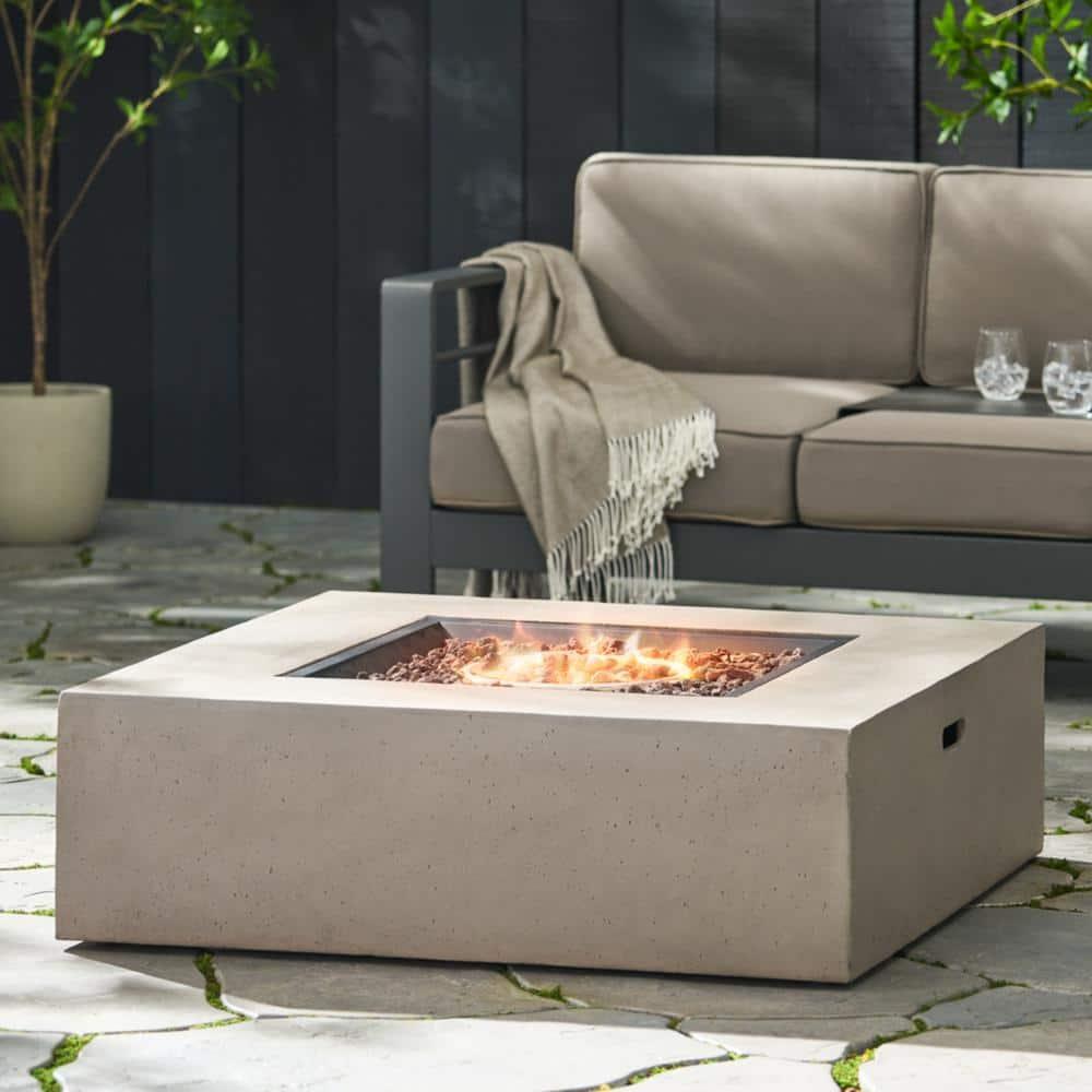 Aidan Outdoor 50000 BTU Light Weight Concrete Square Fire Pit Light Gray - Christopher Knight Home: No Assembly, Push Button Ignition