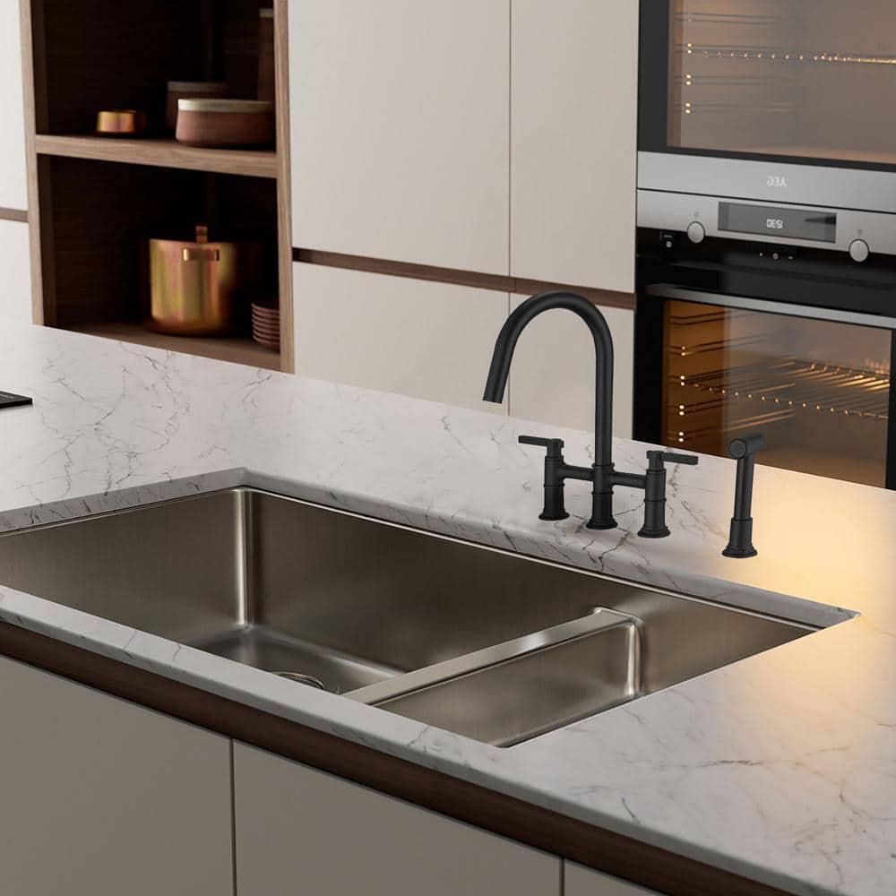 Double Handle Bridge Kitchen Faucet with Side Sprayer in Matte Black