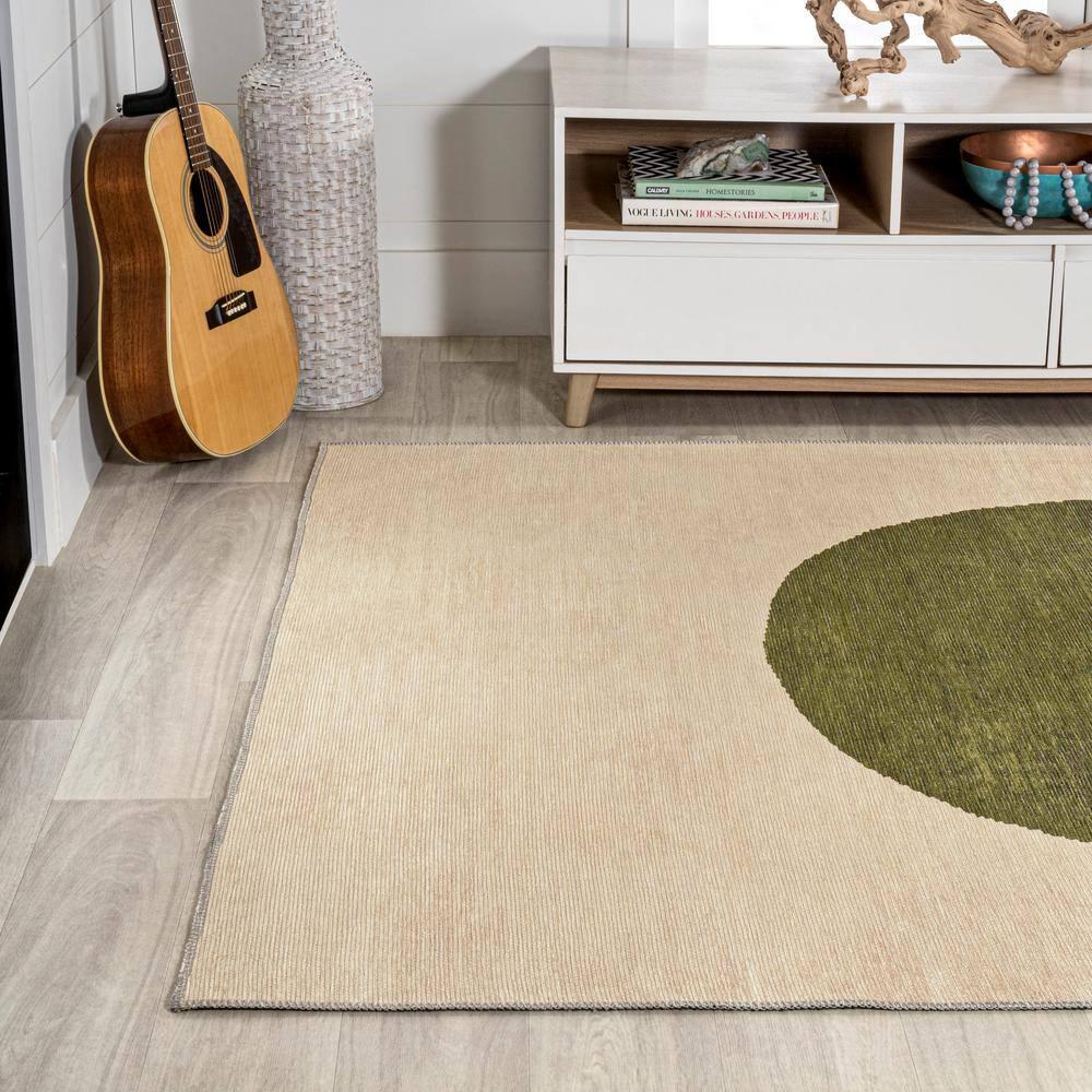 4' x 6' Cirkel Minimalist Geometric Dot Machine-Washable Area Rug, Cream/Olive - JONATHAN Y