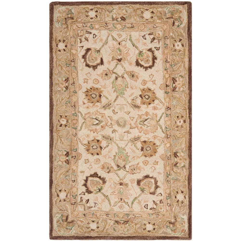 Ivory and Brown Floral Wool Handmade Tufted Rug, 3' x 5'