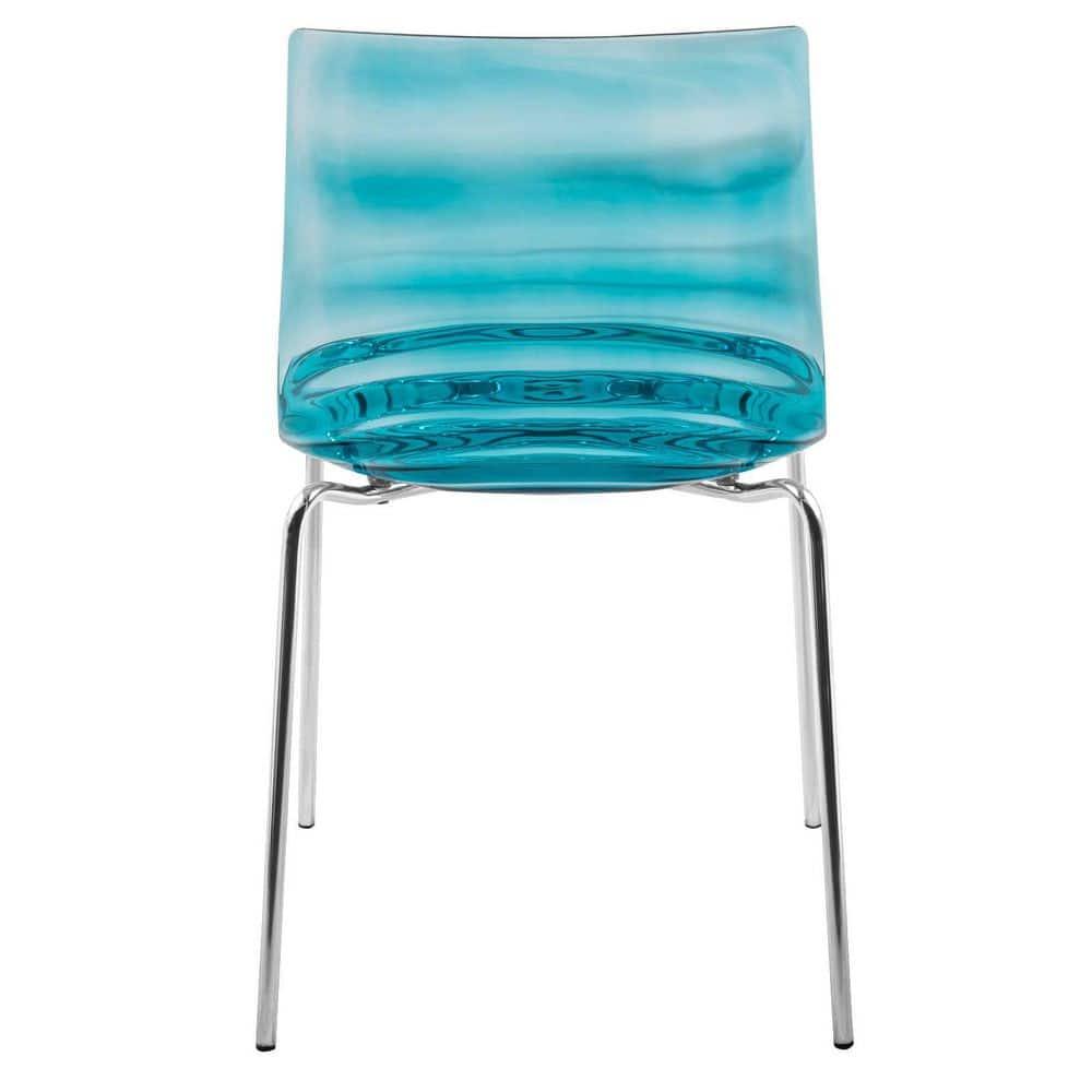 LeisureMod Astor Acrylic Dining Chair with Water Ripple Design and Metal Legs in Transparent Blue