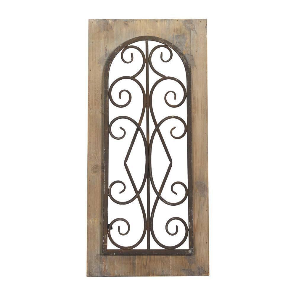 Deco 79 Wood Scroll Home Wall Decor Window Inspired Wall Sculpture with Metal Scrollwork Relief, Wall Art 11" x 2" x 23", Brown