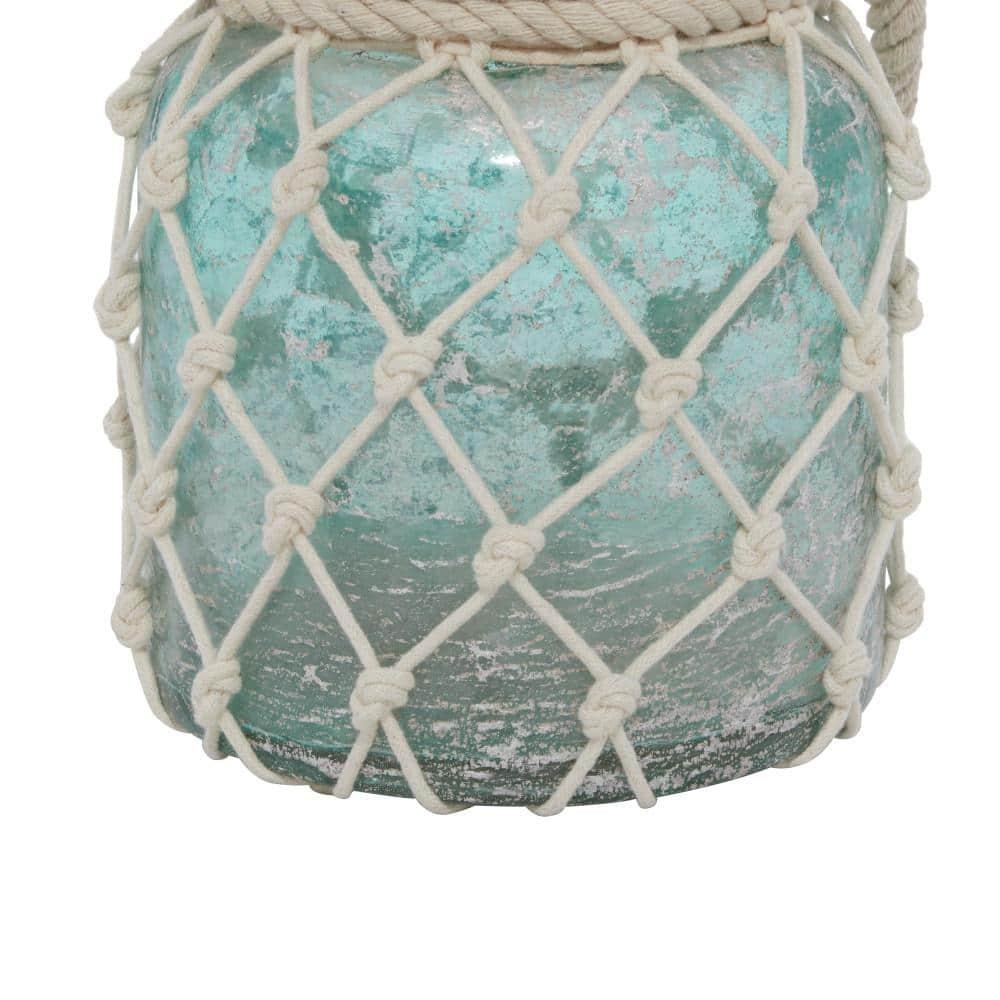 DecMode Blue Glass Decorative Candle Lantern with Rope Handle