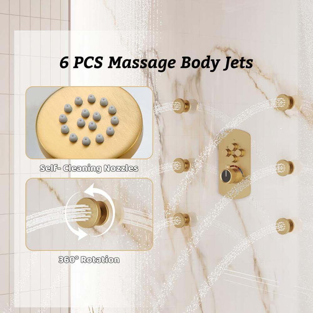 CASAINC 4-Function Wall Mounted Thermostatic Complete Shower System with 6 Body Jets and Rough-in Valve CS6855-22BG