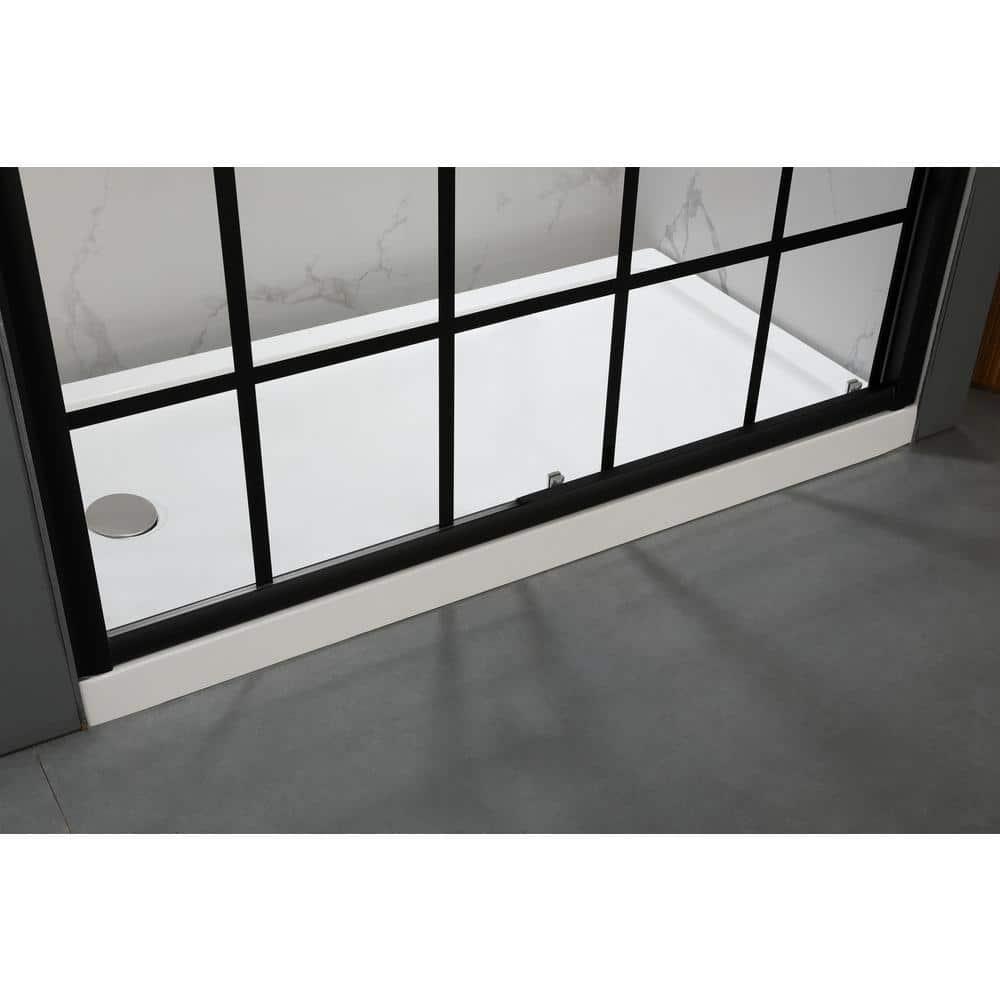 56-60" W x 72" H Framed Grid Pattern Single Sliding Shower Door with 1/4" (6mm) Clear SGCC Tempered Glass in Matte Black Finish, Reversible Installation
