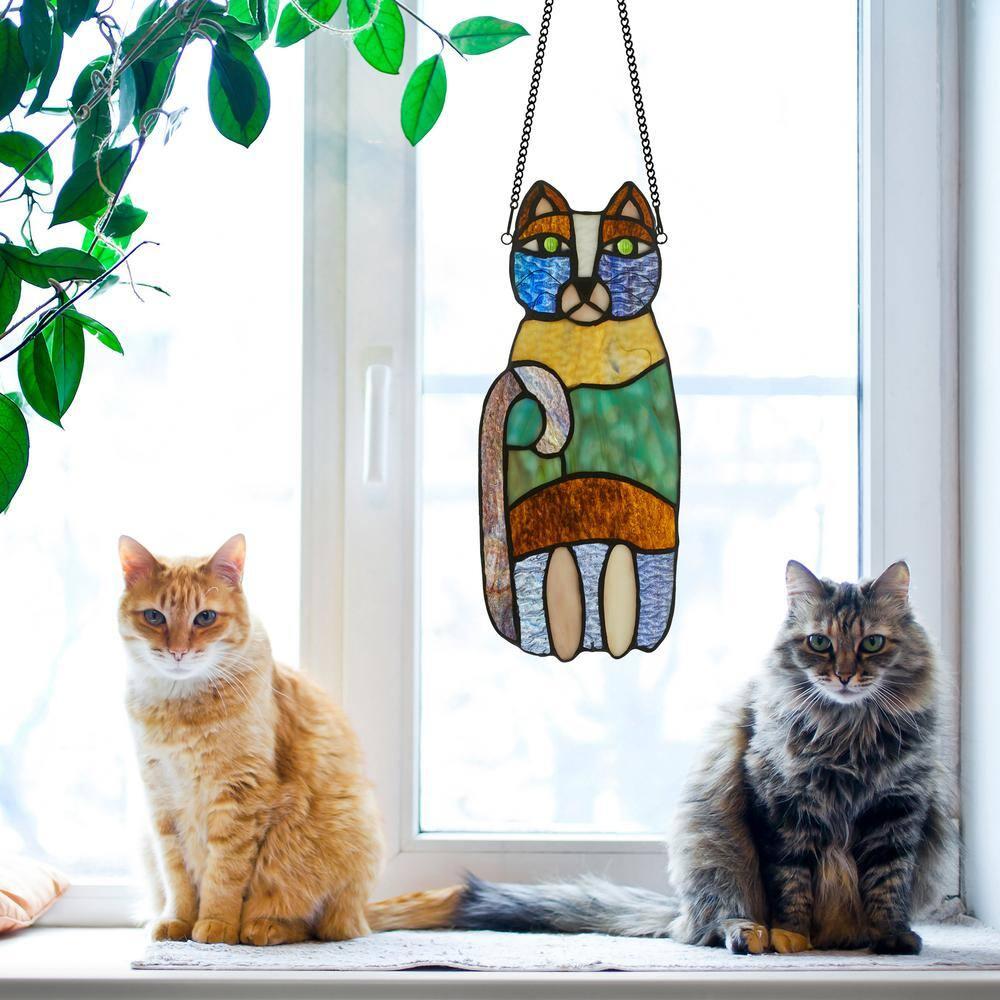 River of Goods  13-in. Crazy Cat Stained Glass Window Panel Purple