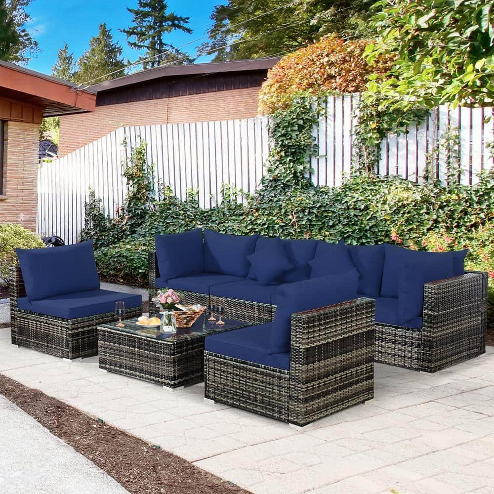 Costway 7PCS Patio Rattan Furniture Set Sectional Sofa Cushioned Garden Navy