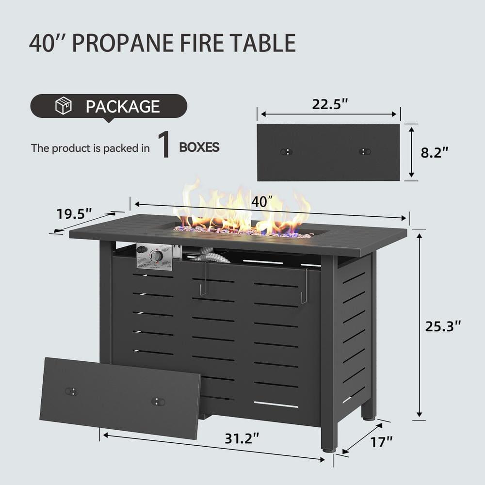 40-Inch Rectangular Propane Fire Pit Table, 50,000 BTU Outdoor Gas Fire Pit with Waterproof Cover, Alloy Steel Fire Table with Lid and Lava Rocks, Modern Black Firepit for Patio and Backyard