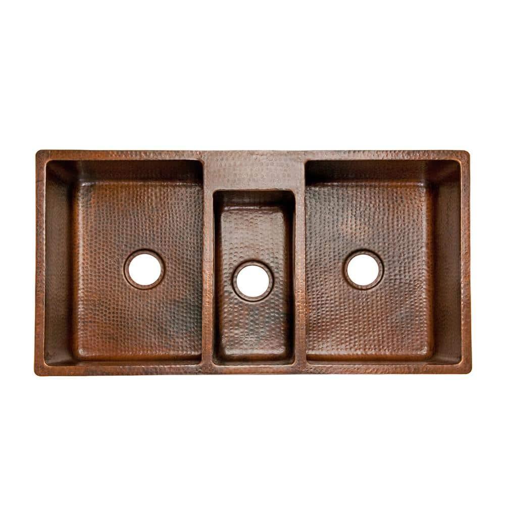 42" Hammered Copper Triple Basin Kitchen Sink