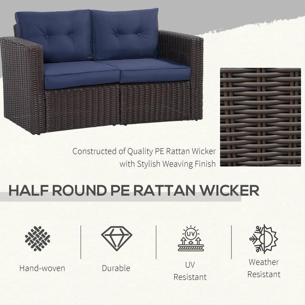 Outsunny 2 Piece Patio Wicker Corner Sofa Set, Outdoor PE Rattan Furniture, with Curved Armrests and Padded Cushions for Balcony, Dark Blue