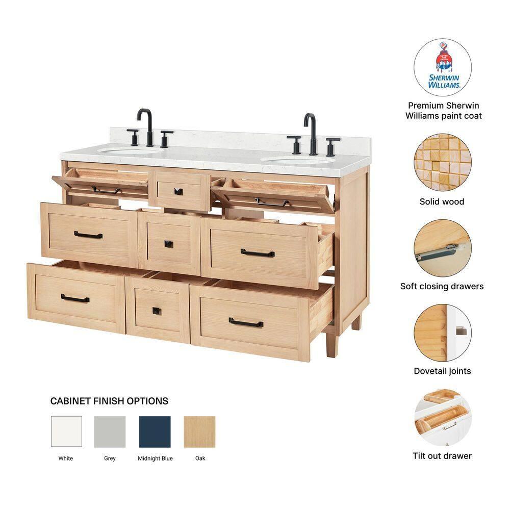 Ariel Bath Ariel Monrow 60 Inch Double Oval Sink Bathroom Vanity With Carrara Quartz Countertop