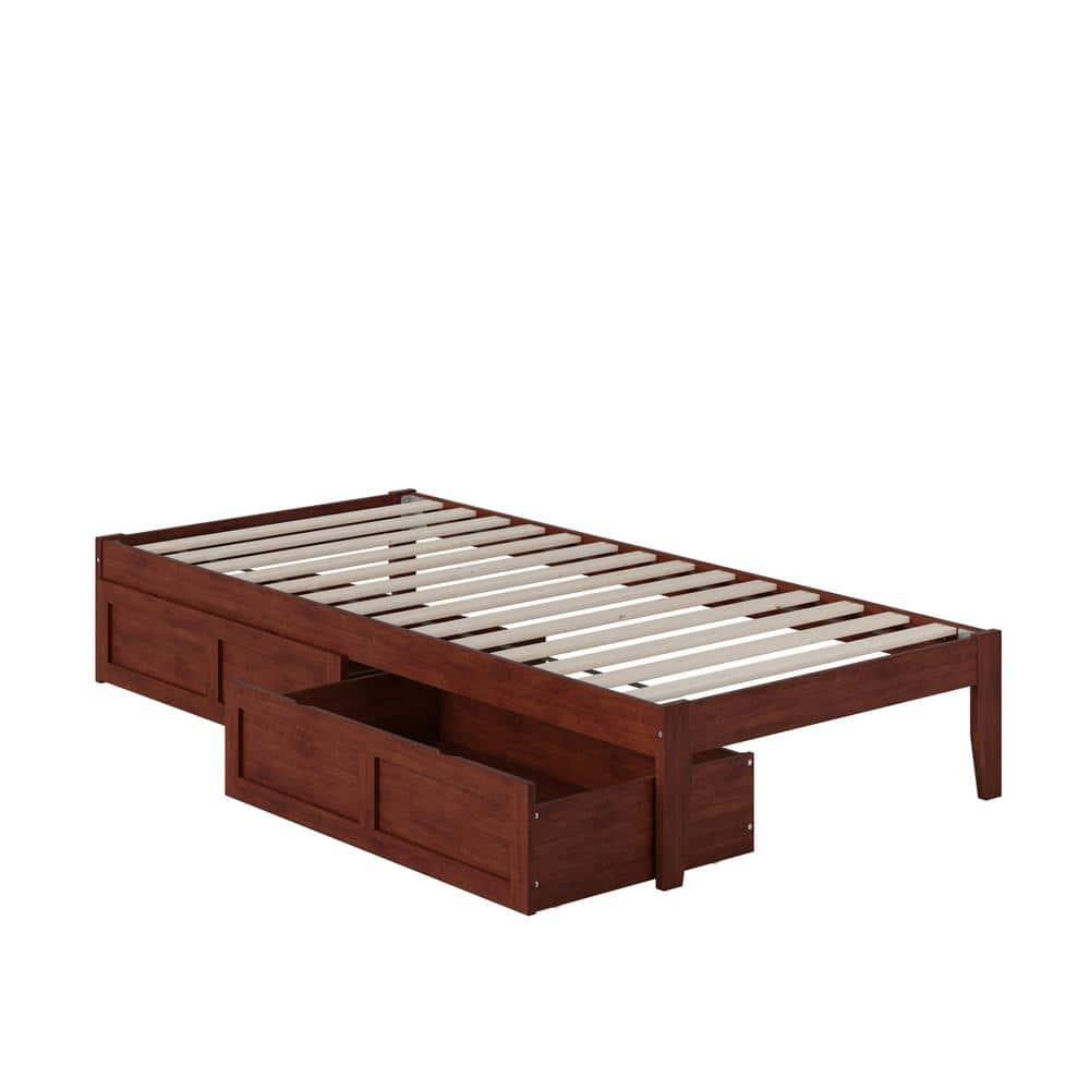 Symmetrical Twin XL Walnut Bed with USB Charger and Storage Drawers