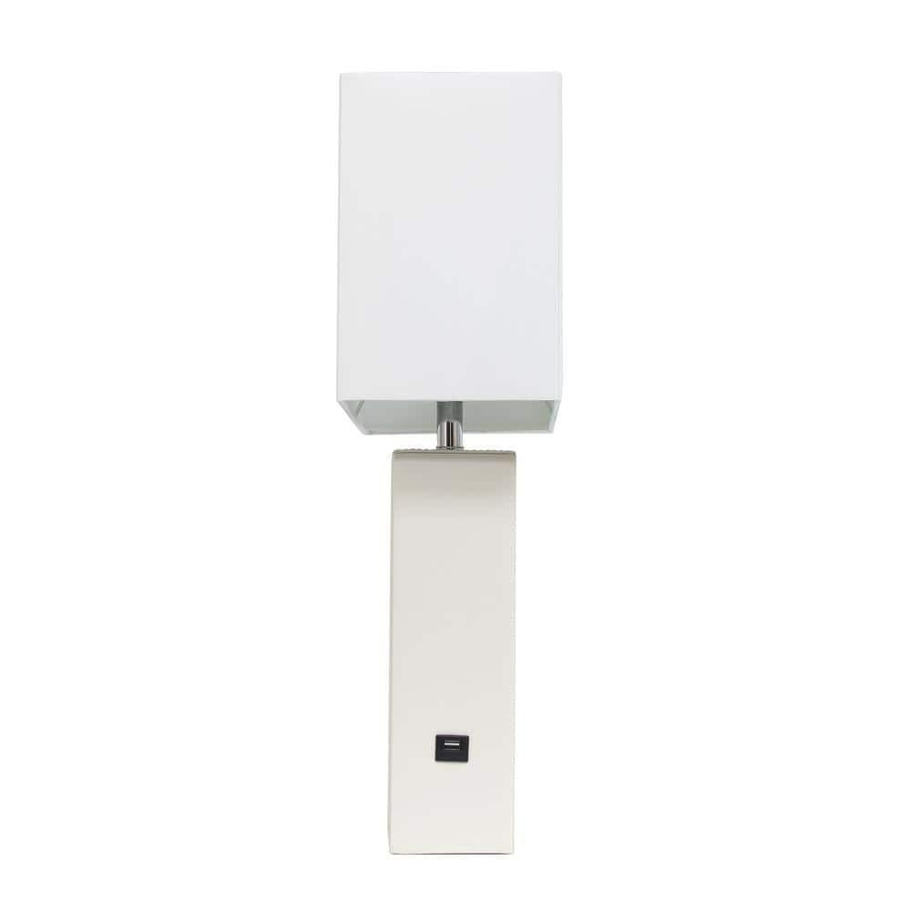 Lalia Home 21" Lexington Leather Base Modern Home Decor Bedside Table Lamp with USB Charging Port White : Fabric Shade