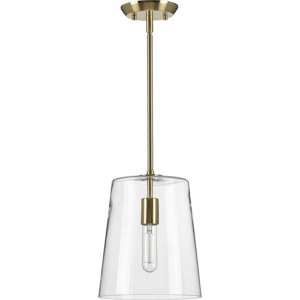 Progress Lighting Clarion 1-Light Pendant, Steel, Satin Brass, Clear Glass Shade