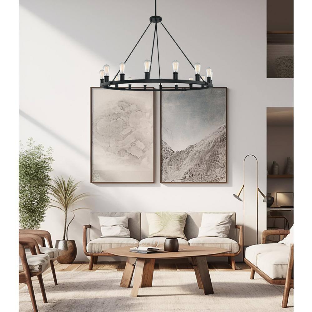 Kira Home Jericho 50" 16-Light Rustic Farmhouse Wagon Wheel Chandelier, Round Kitchen Island Light, Black