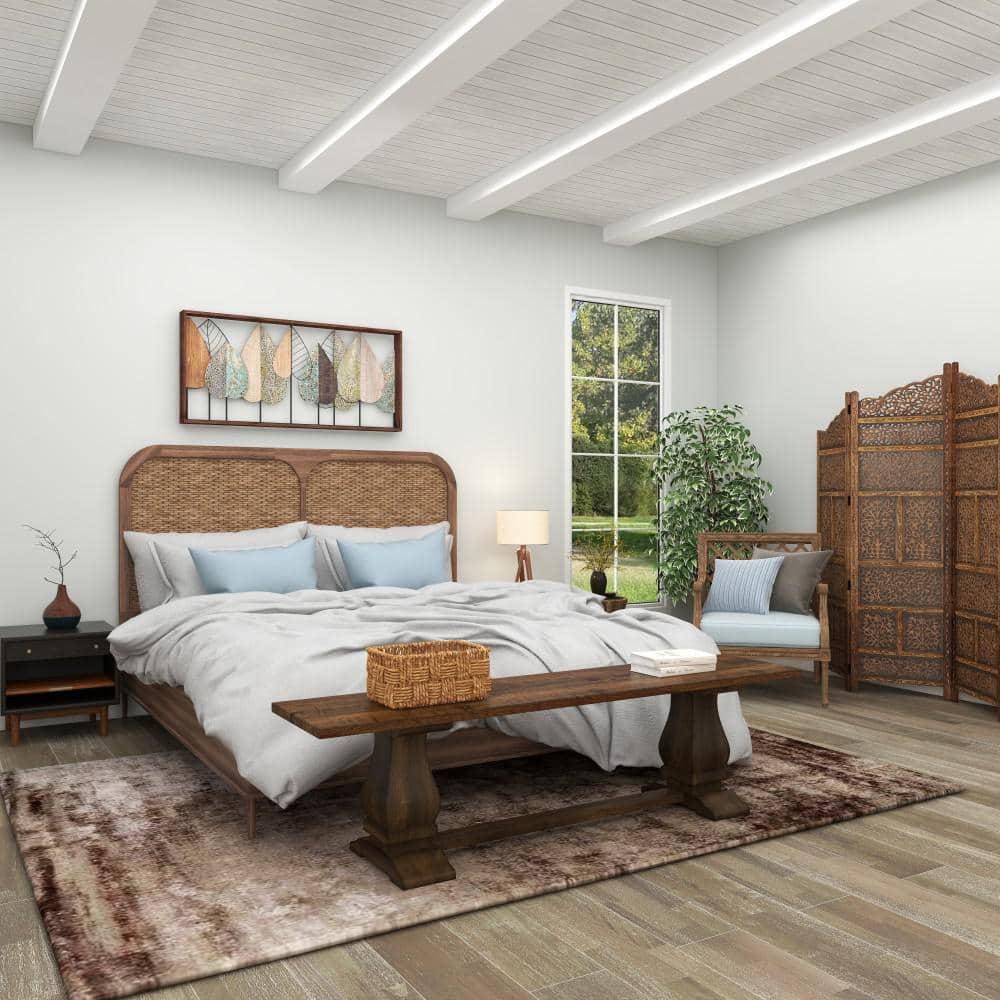 DecMode Mango Wood Bench with Parquet Inlay, Brown