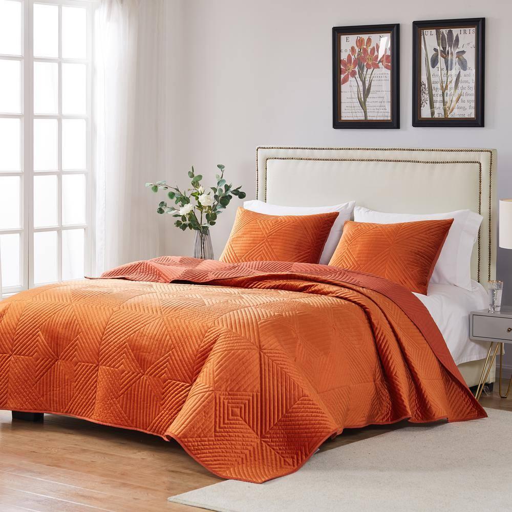 Greenland Home Fashions 3pc King Riviera Velvet Quilt & Sham Set Spice Orange: Microfiber, Zipper Closure, Year-Round