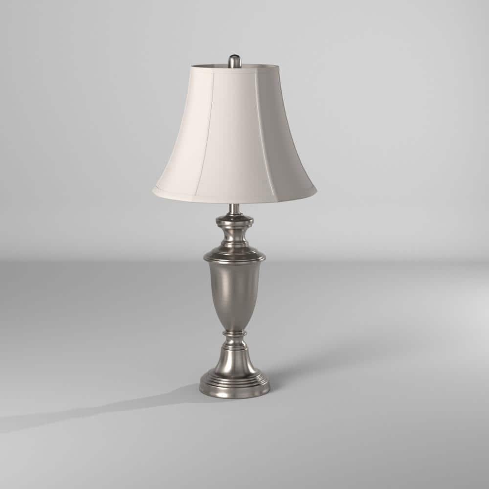 Table Lamp - Brushed Steel Finish - White Softback Silk Fabric Shade - Set of 2