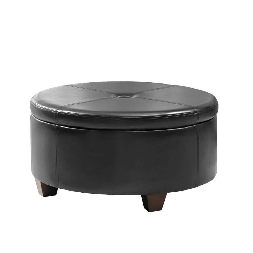 Leatherette Single Button Tufted Round Ottoman with Wooden Feet, Large, Black and Brown