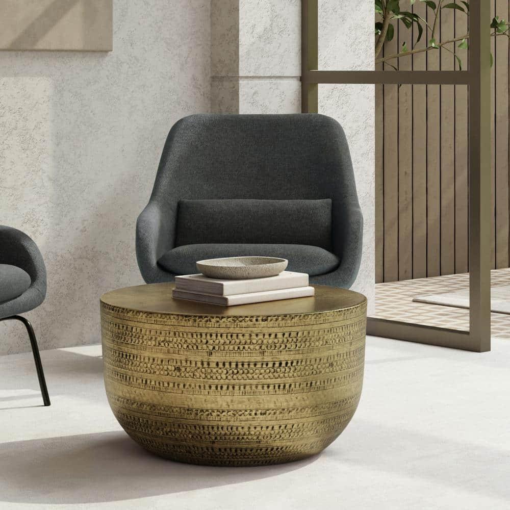 Simpli Home Johnsen 30"W Metal Boho Modern Round Coffee Table with Textured Detail, Assembled