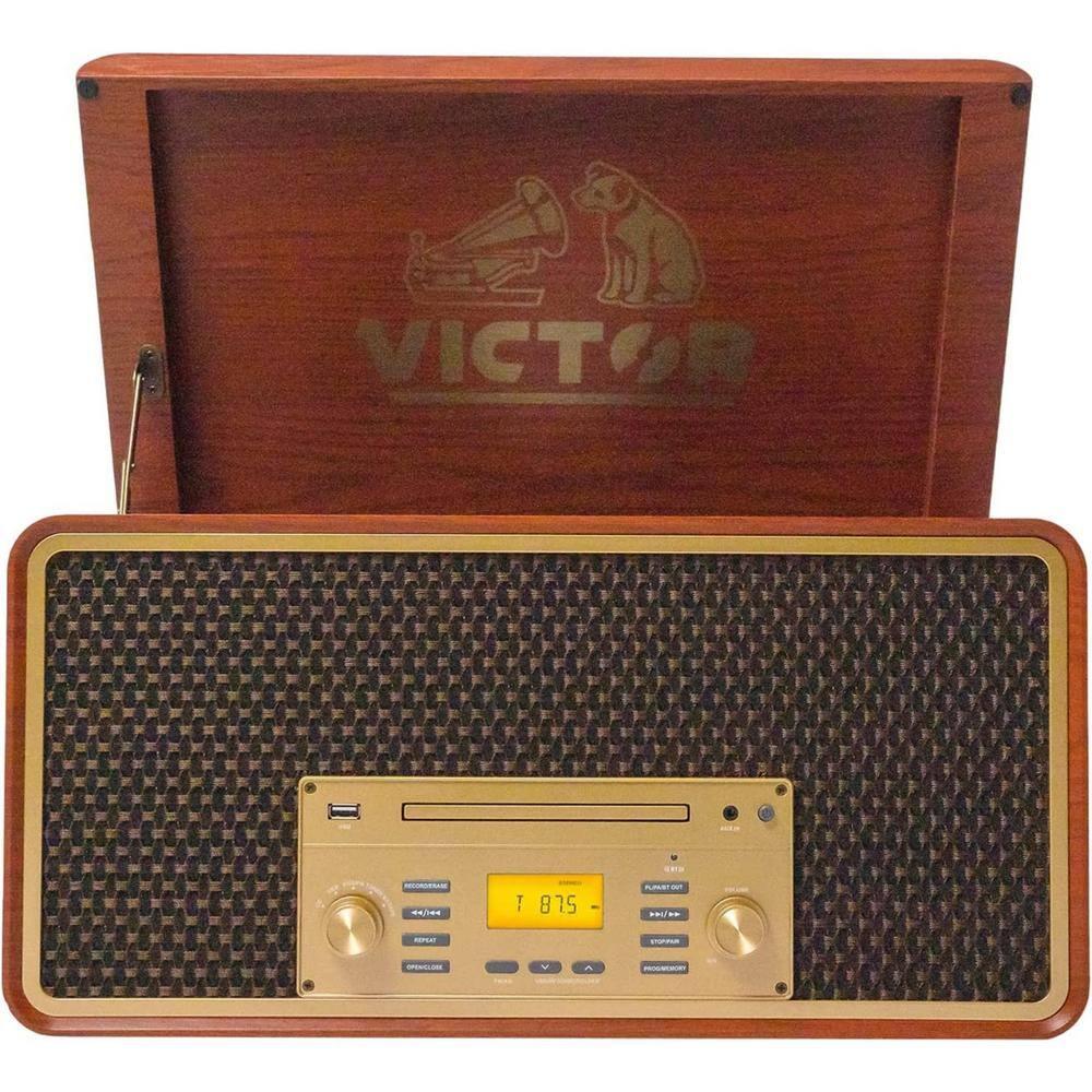 Victor 8-in-1 Wood Music Center with Bluetooth Vinyl Record Player