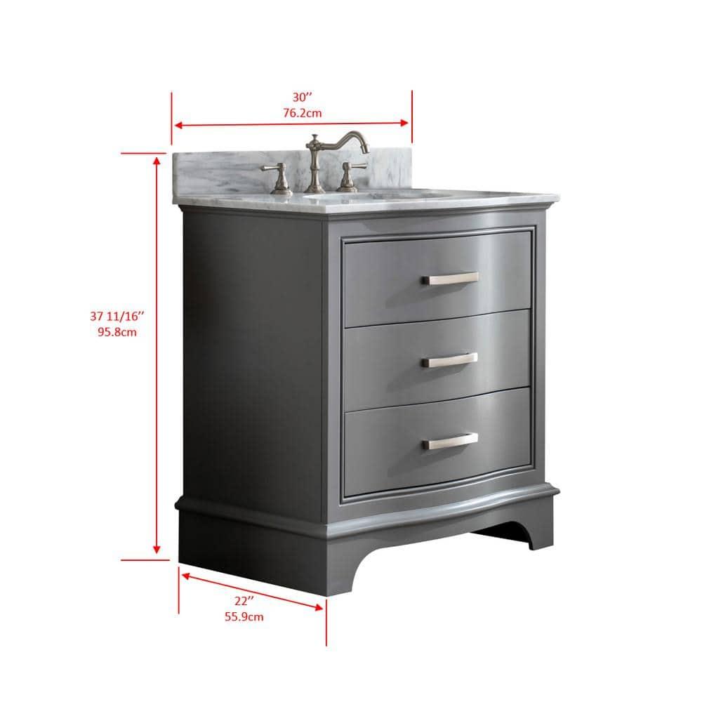 Monroe 30 in. W x 22 in. D Bath Vanity in Gray with Natural Marble Vanity Top in Carrara White with White Sink