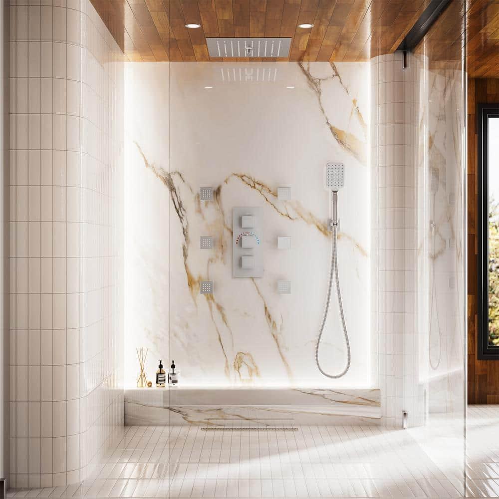 12" Flush Mounted Luxury Thermostatic Rainfall Shower System with LED and 6 Body Jets