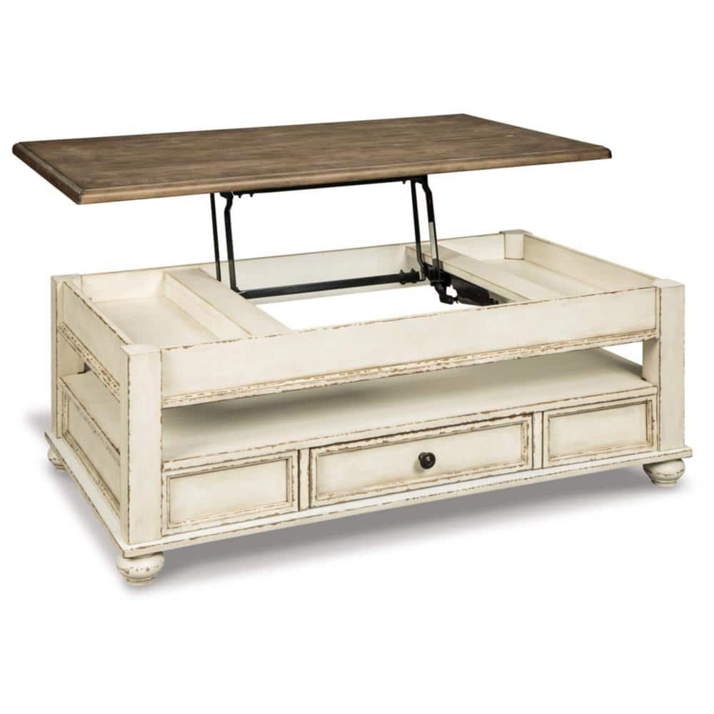 Realyn Coffee Table with Lift Top White/Brown - Signature Design by Ashley: Mid-Century Style, Storage, Wood Legs