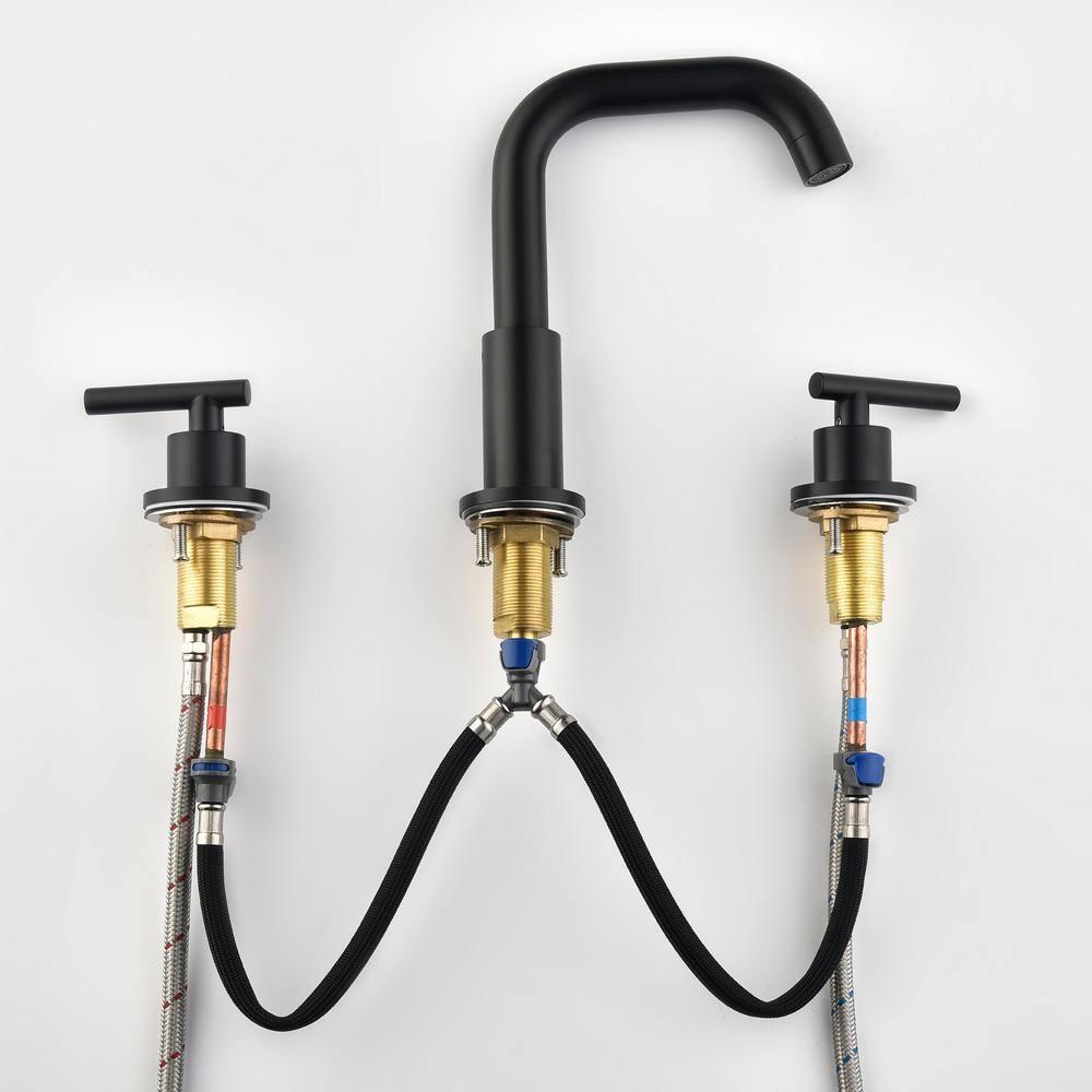 Matte Black 8 inch Widespread Bathroom Sink Faucet Vanity Lavatory Faucet for 3 Holes with Pop up Drain and 360 Degree Swivel Brass Spout