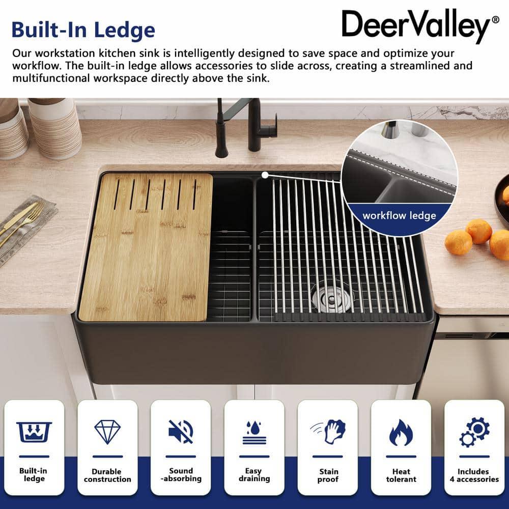 DeerValley 33" L X 20" W Double Basin Workstation Farmhouse Kitchen Sink With Sink Grid, Cutting Board And Dish-Drying Rack