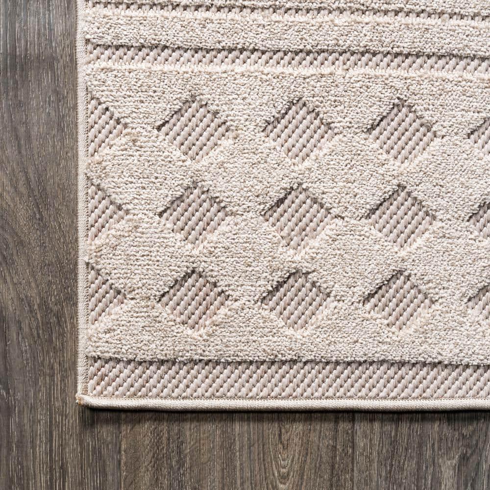 5'x8' Xlendi High-Low Pile Moroccan Geometric Indoor/Outdoor Area Rug, Beige - JONATHAN Y