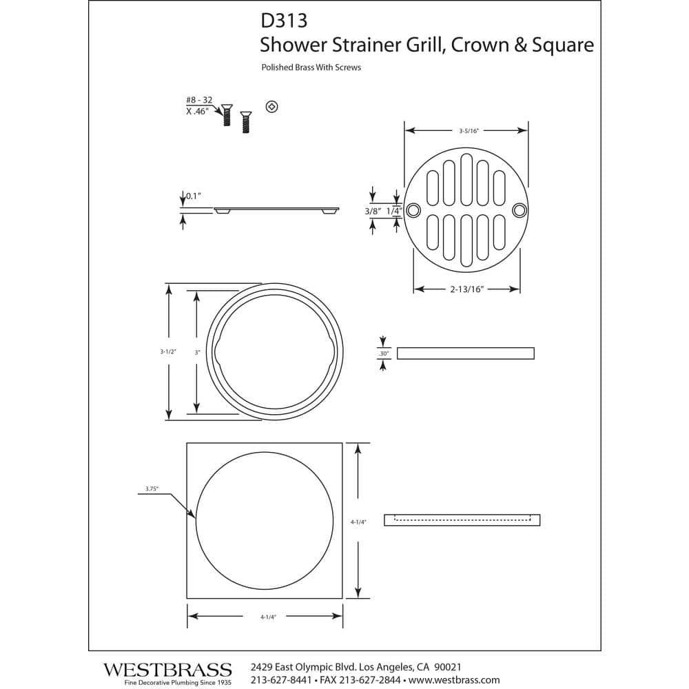 4-1/4" Brass Shower Tile Square with 3-1/2" OD Round Drain Cover