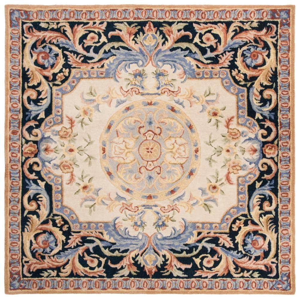 Savonnerie SAV116 Hand Tufted Area Rug - Ivory/Navy - 6'x6' - Safavieh.