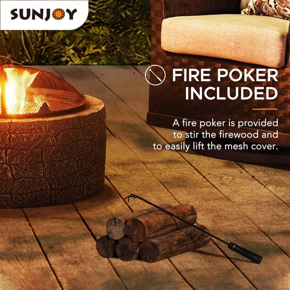 SUNJOY 26 Inch Stone Fire Pit, Patio Outdoor Round Wood Burning Fire Pits for Outside with Spark Screen and Poker, Stone Gray