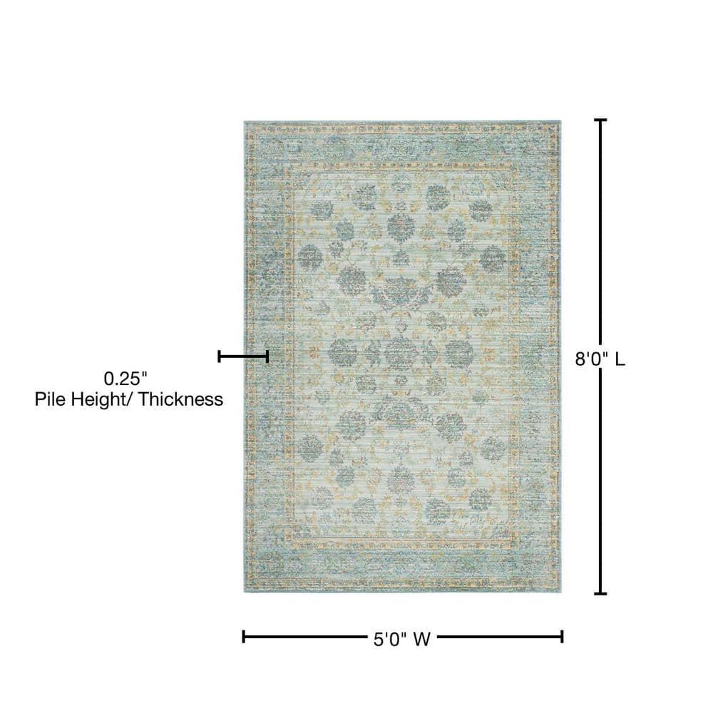 SAFAVIEH Valencia Cionadogh Floral Bordered Polyester Area Rug, Light Blue/Turquoise, 5' x 8'