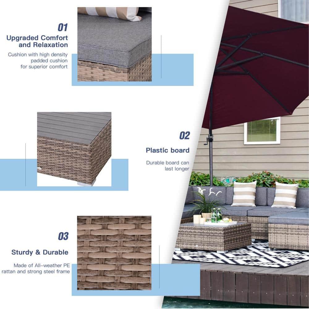 Outsunny 7-Piece Patio Furniture Set, Outdoor Wicker Conversation Set, All Weather PE Rattan Sectional Sofa w/ Faux Wood Table, Stripe Pillows, Gray