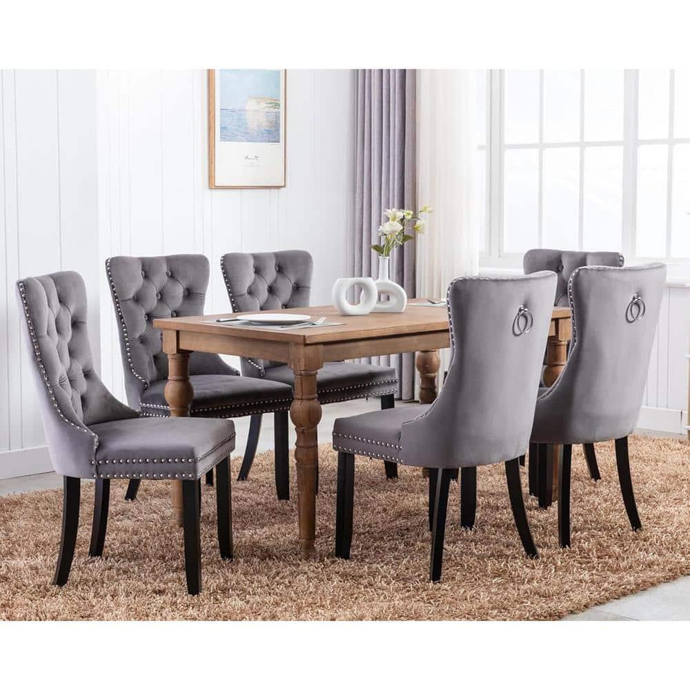 Modern Velvet Upholstered Dining Chairs with Back Button Nailhead Trim Accent Side Chairs with Wood Legs for Kitchen Dining Room(Gray,Set of 4)