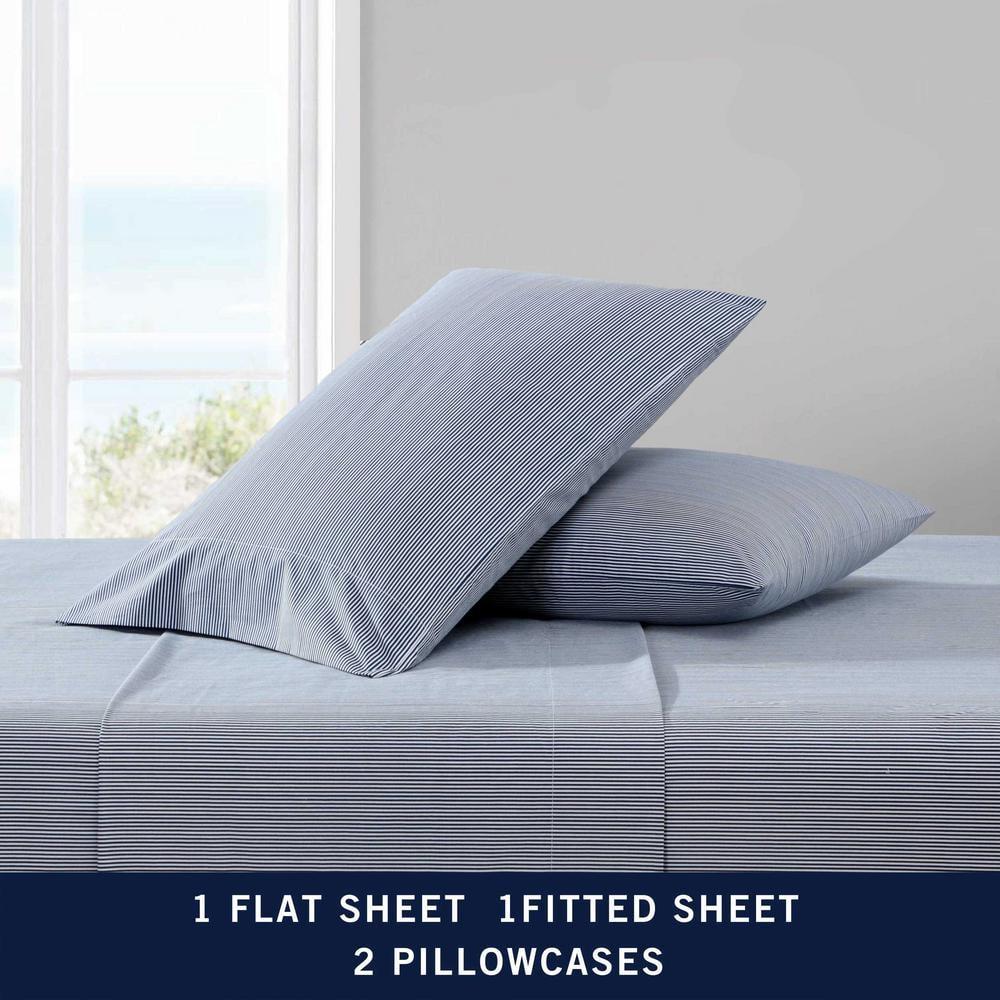Nautica - King Sheet Set, Lightweight & Breathable Cotton Percale Bedding Set with Matching Sham(s), Crisp & Cool Bedding Essentials, Oeko-Tex Certified (Penny Pinstripe Navy, King)