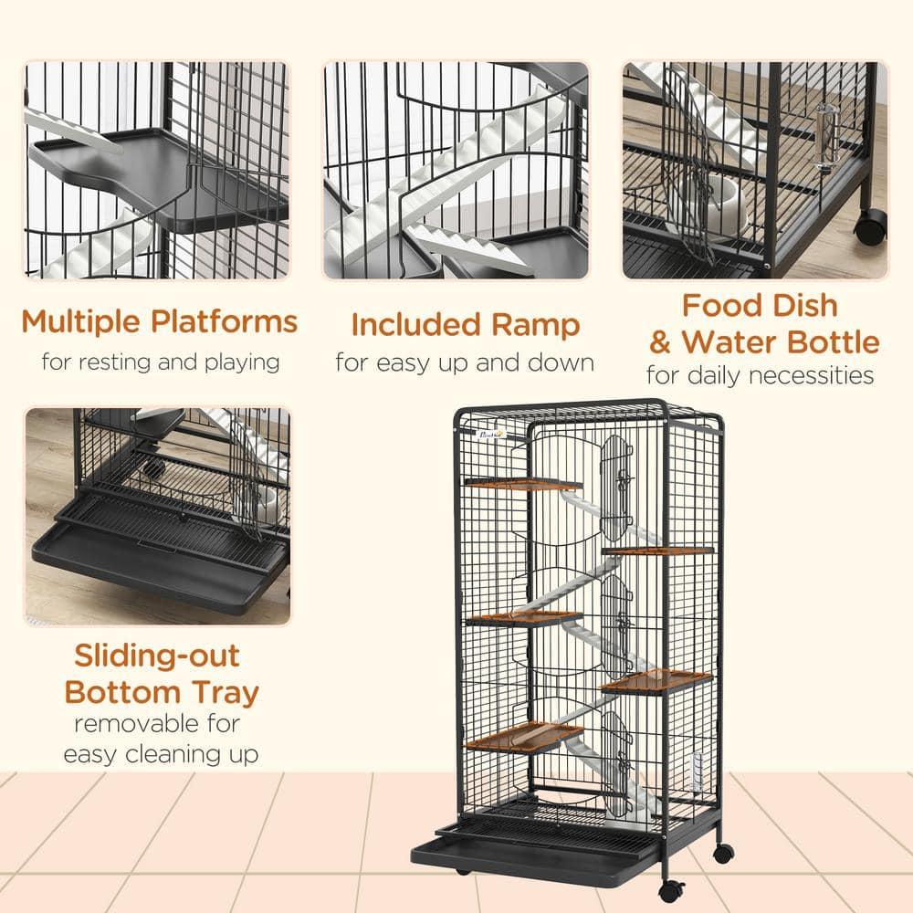 PawHut 6 Level Small Animal Cage for Dwarf Rabbits, Pet Mink, and Chinchillas w/ Removable Tray, Ramp, Water Bottle, Food Dish, Indoor, Black