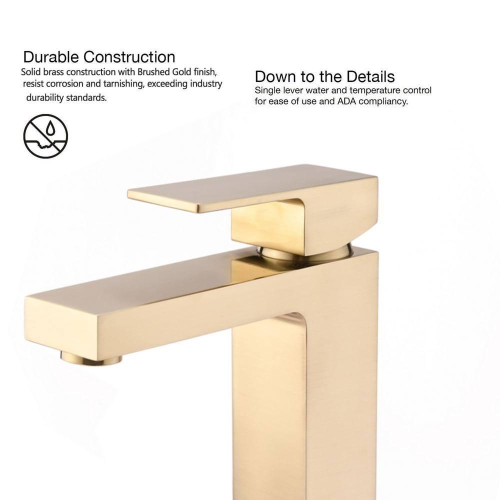 Brass Bathroom Sink Faucet Single Handle Lavatory Vanity Mixer Tap 1 Hole with Deck Plate, Metal Pop-up Drain Assembly & Water Supply Lines (Brushed Gold)