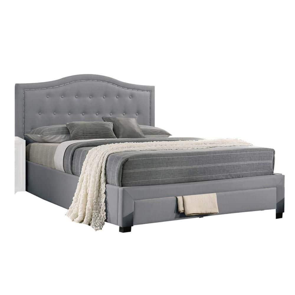 Benjara Sey  Bed W Storage Footboard, Light Gray Burlap Upholstery