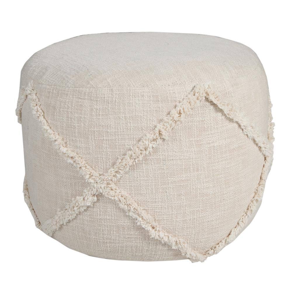 LR Home Small Over-tufted Diamond Indoor Round Pouf, Beige, 18" x 18" x 14"