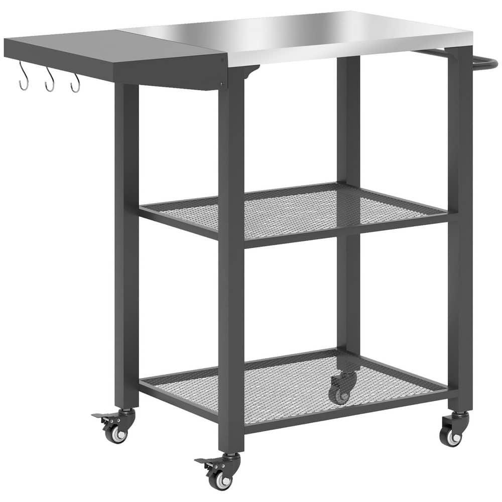 Outsunny 3-Shelf Outdoor Grill Cart Table with Foldable Side Table, Stainless Steel Tabletop, 22" x 16.1" Pizza Oven Stand with Hooks, Silver