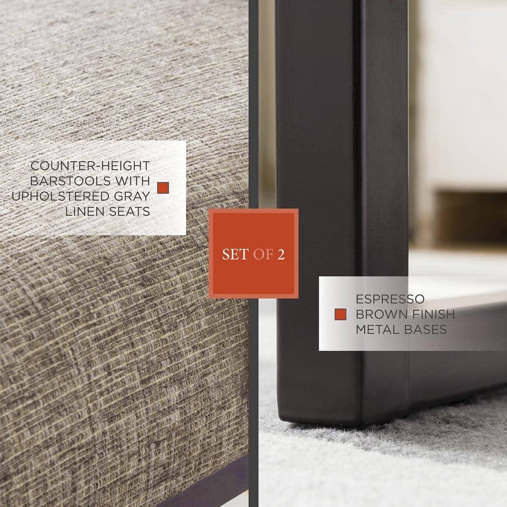 Leick Home Set of 2 Barrelback Counter Height Barstool with Metal Base Espresso/Gray Linen: Upholstered, Steel Legs, Modern Style