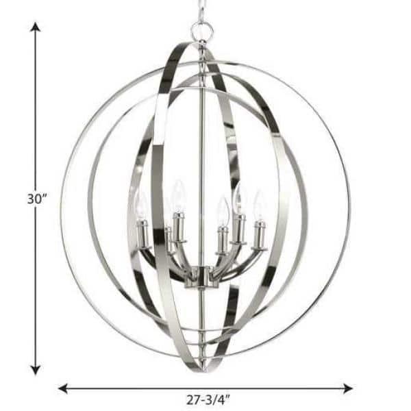 Progress Lighting, Equinox Collection, 6-Light Chandelier Pendant, Polished Nickel, Armillary Sphere Shade