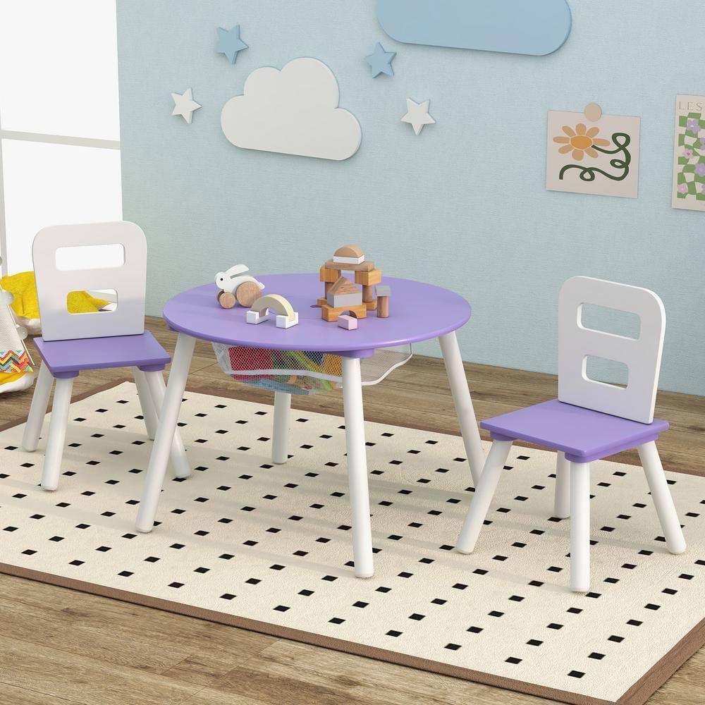 Costzon Kids Table and Chair Set, Wood Activity Table w/Center Mesh Storage, Children Furniture Gift for Boys & Girls, Ideal for Arts, Crafts, Snack Time, Homework, Toddler Table and Chair Set, Purple