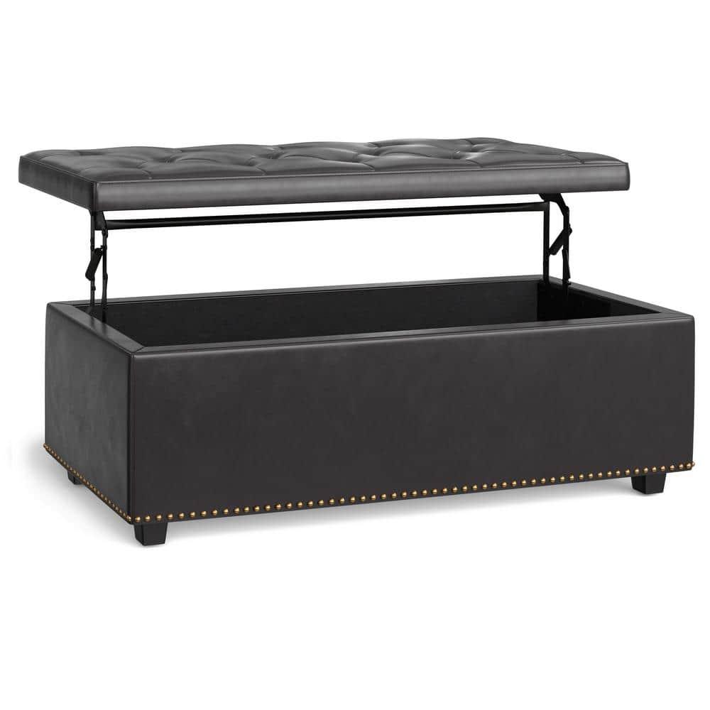 Simpli Home Hamilton 44"W Upholstered Lift-Top Storage Ottoman with Nailhead Trim and Tufted Detailing