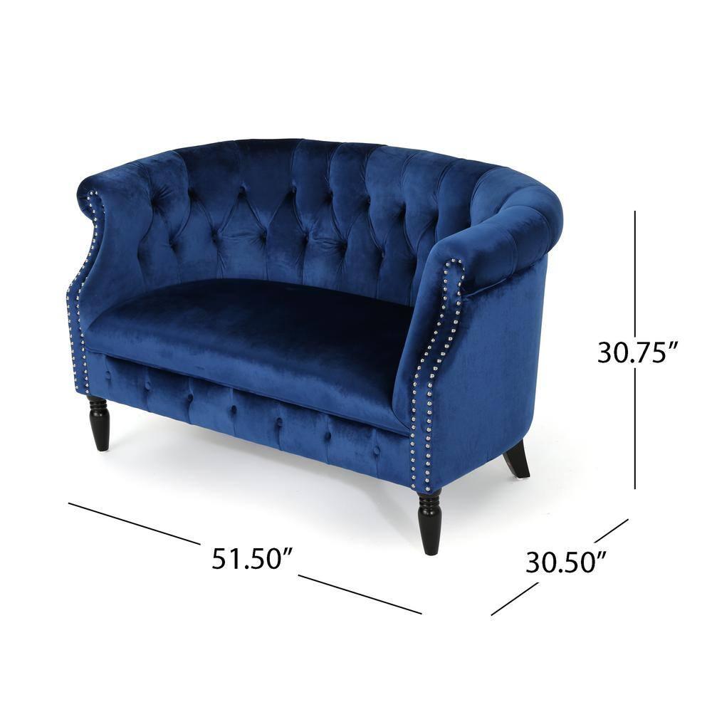Noble House Myrna Chesterfield Velvet Loveseat with Scrolled Arms, Navy Blue