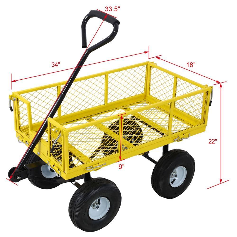 Yellow Steel Mesh Garden Cart with Pneumatic Tires and Removable Sides